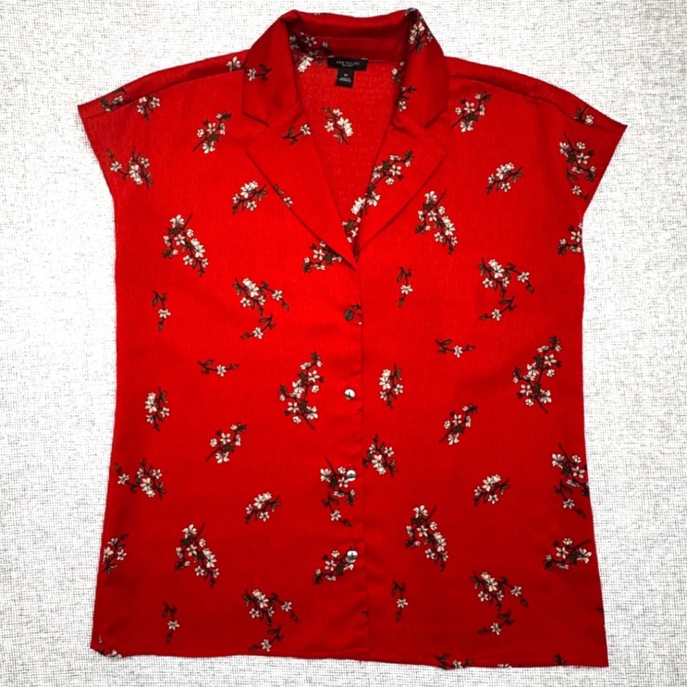 Ann Taylor Factory XS Burnt Orange Asian Cherry Blossom Floral Sleeveless Button